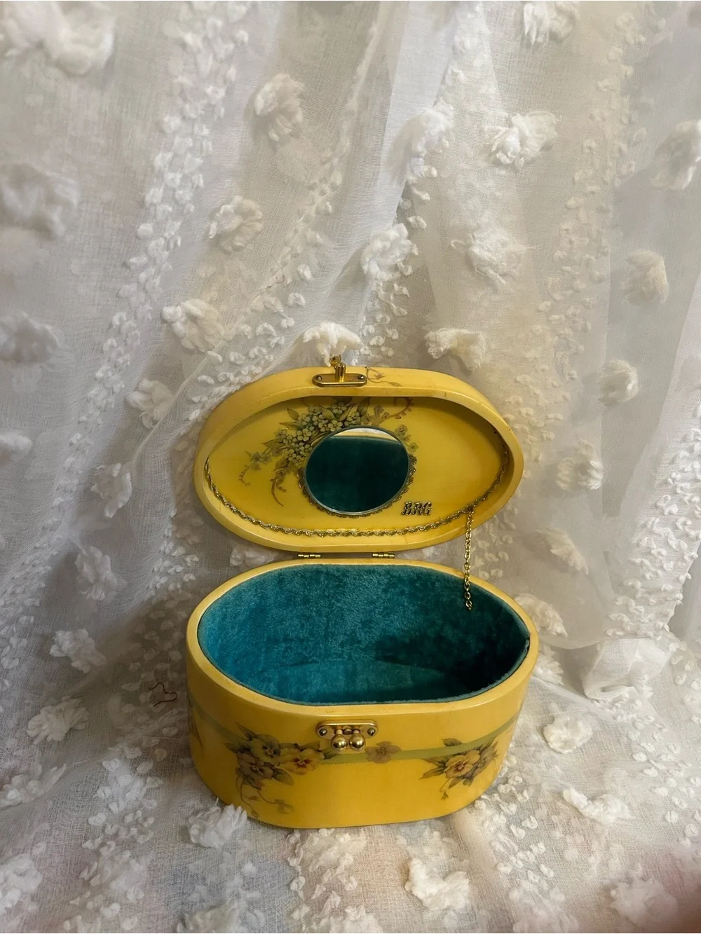 Vintage Yellow/Floral Oval Box purse with Teal Interior